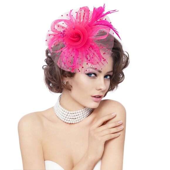 7813 Fascinators Hatsfor Women, Tea Party Derby Hats Pink Fascinators Headband - Picture 2 of 7